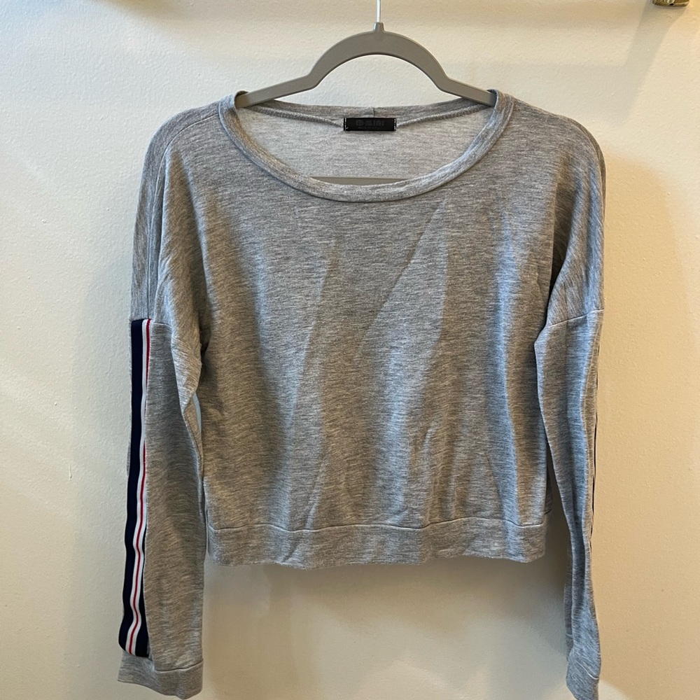 Gray Long Sleeve Top with Striped Sleeve